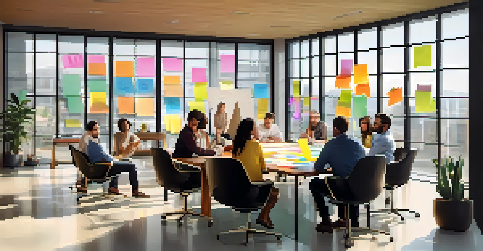 A diverse team brainstorming in a bright office, with colorful notes on the walls.