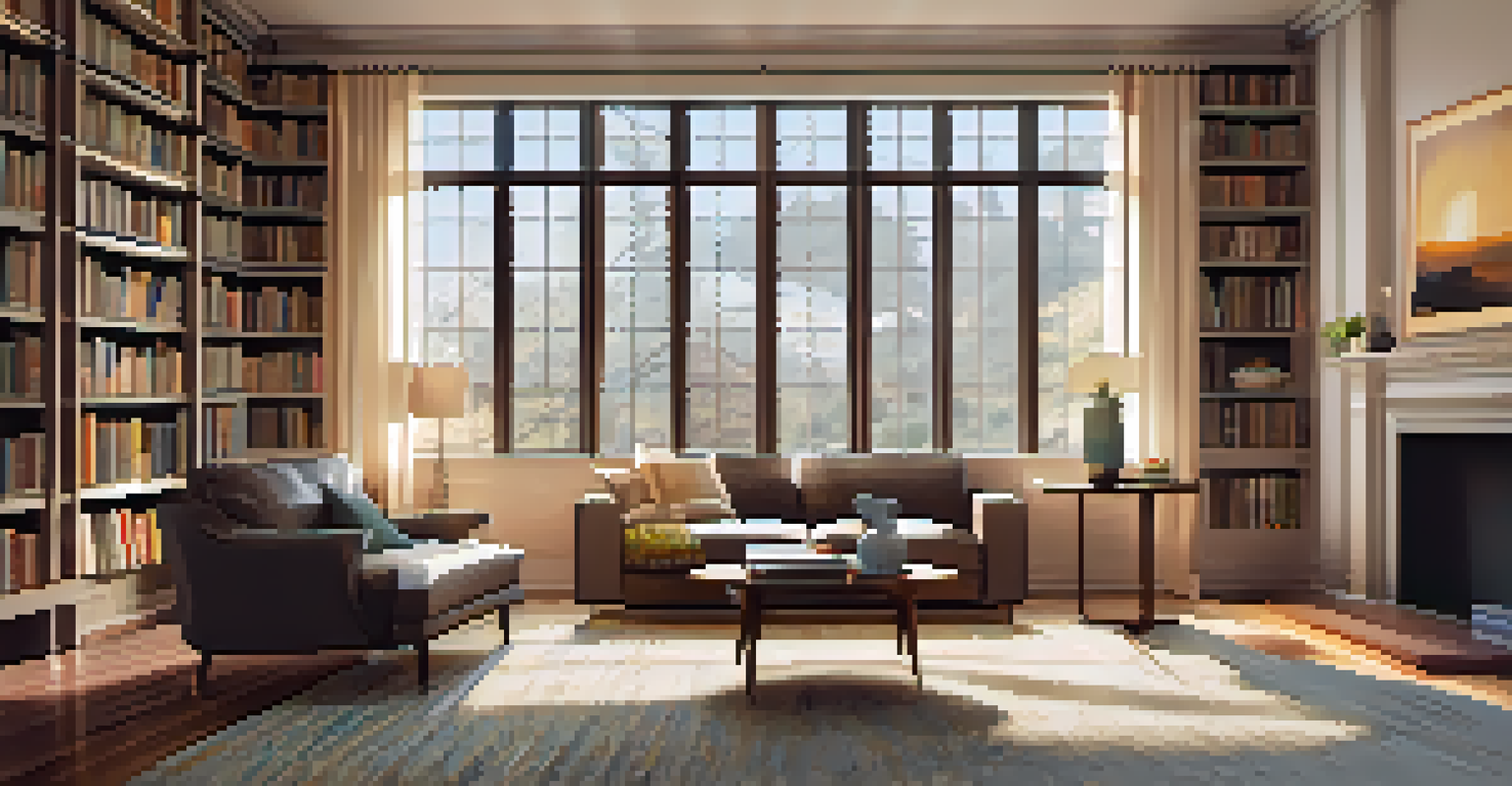 A cozy living room with a modern sofa, coffee table, and sunlight streaming through the window.