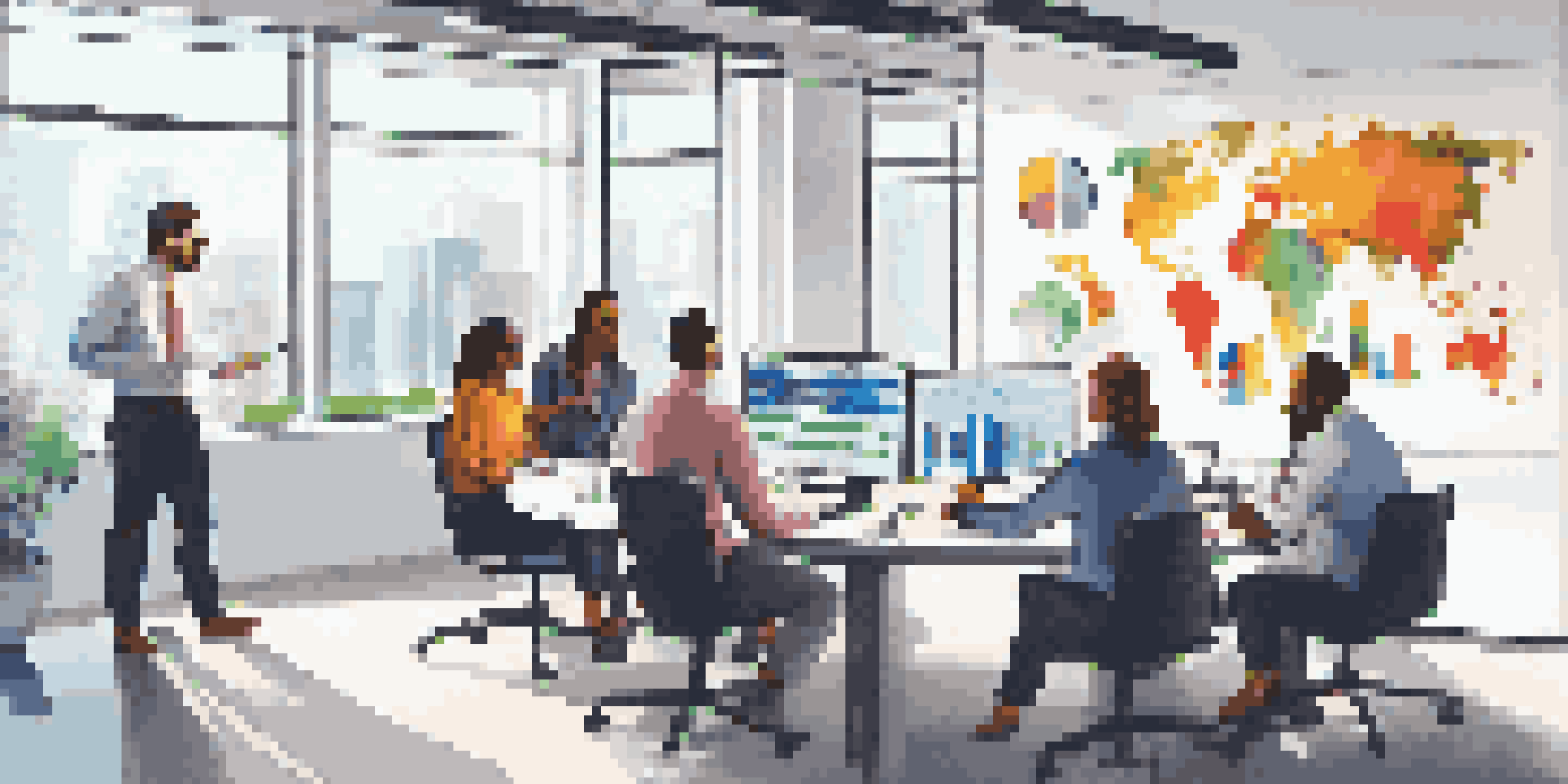 A diverse team in a bright office collaborating on data analytics, with charts and a digital dashboard on display.