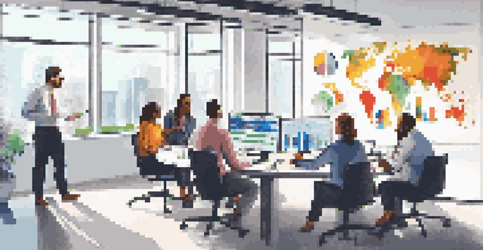 A diverse team in a bright office collaborating on data analytics, with charts and a digital dashboard on display.