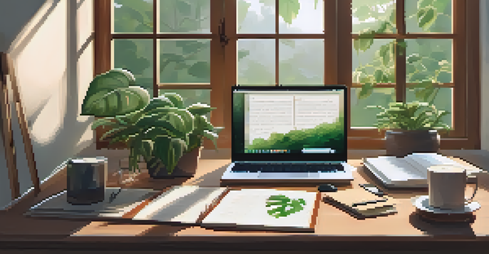A cozy workspace with a wooden desk, laptop, plants, coffee, and notes, illuminated by natural light.