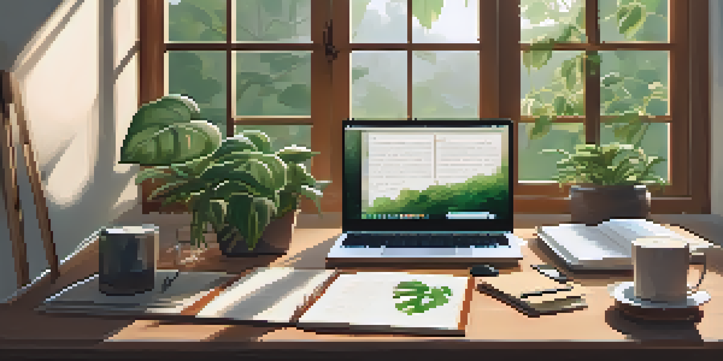 A cozy workspace with a wooden desk, laptop, plants, coffee, and notes, illuminated by natural light.