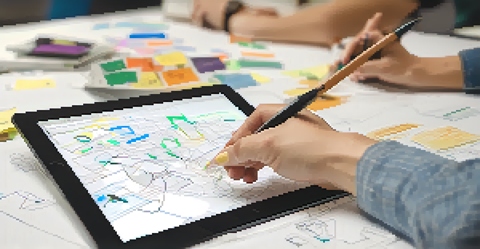 Close-up of hands collaborating on a prototype, one hand holding a tablet and another sketching on paper, with a whiteboard filled with ideas in the background.