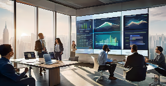 A diverse group of professionals discussing risk management in a bright office with data visuals on a screen.