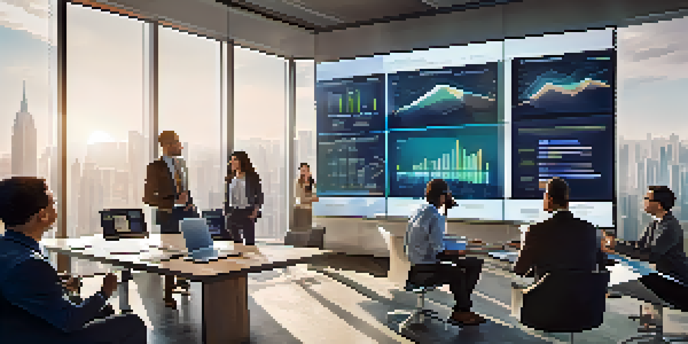 A diverse group of professionals discussing risk management in a bright office with data visuals on a screen.