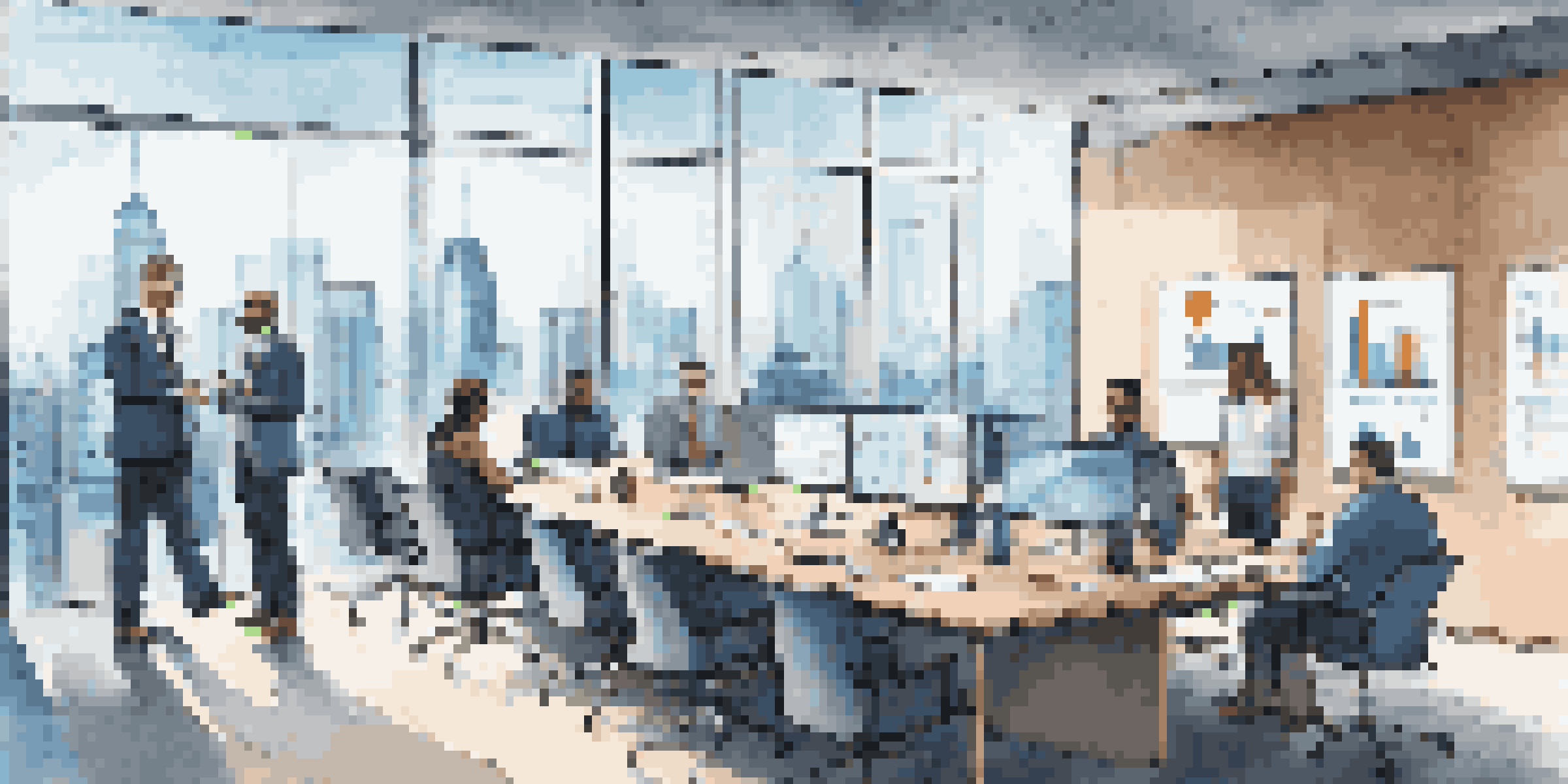 A diverse group of professionals in a modern office discussing data analytics with charts displayed on a screen.