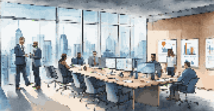 A diverse group of professionals in a modern office discussing data analytics with charts displayed on a screen.