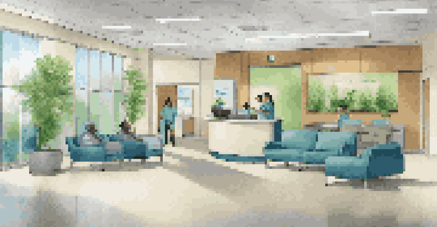 A modern hospital reception area with staff helping patients in a bright and welcoming environment.