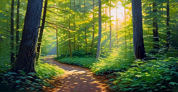 A peaceful forest path at dawn with sunlight streaming through the trees, illuminating the vibrant greens and warm golds of the scene.