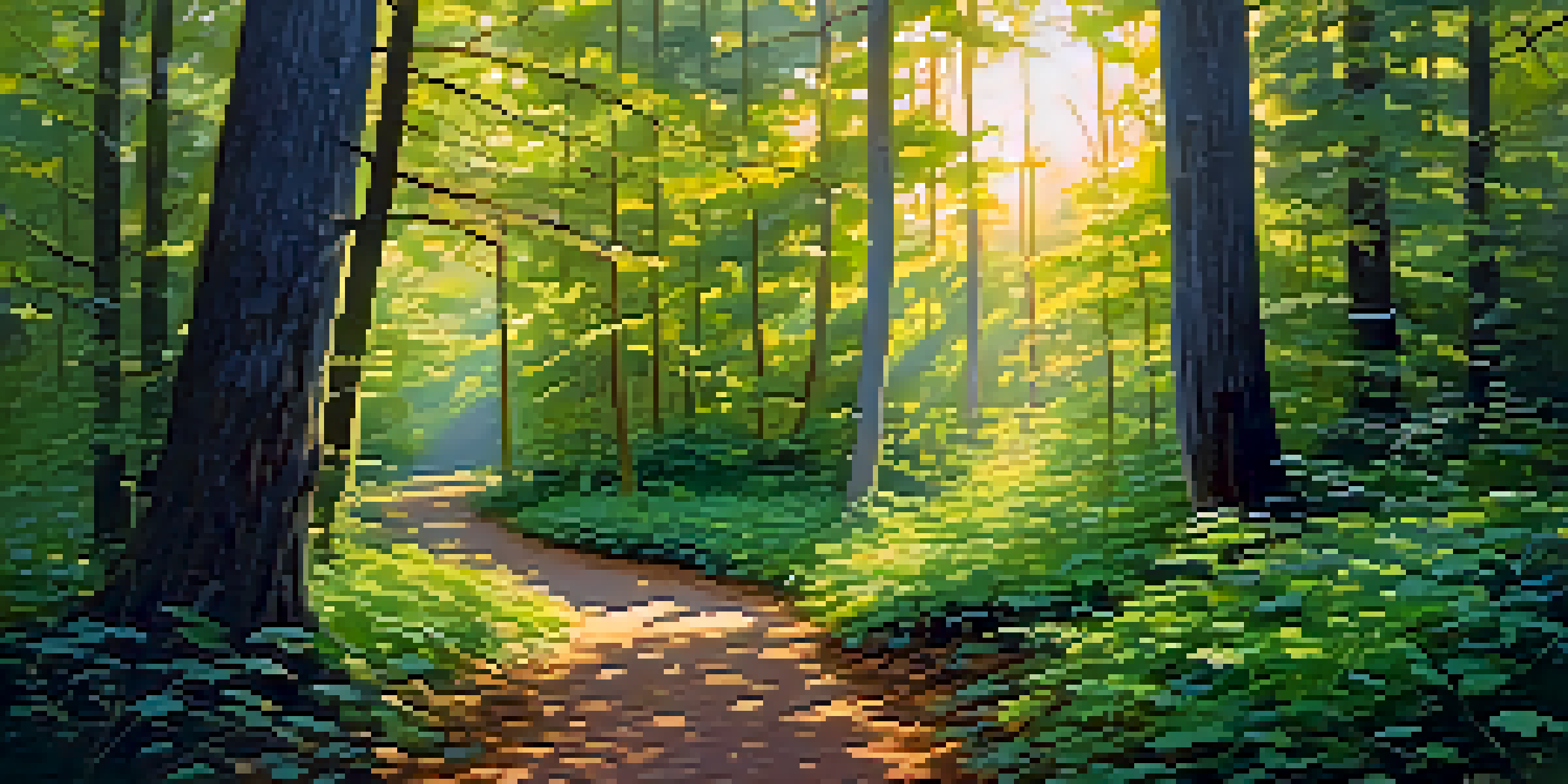 A peaceful forest path at dawn with sunlight streaming through the trees, illuminating the vibrant greens and warm golds of the scene.