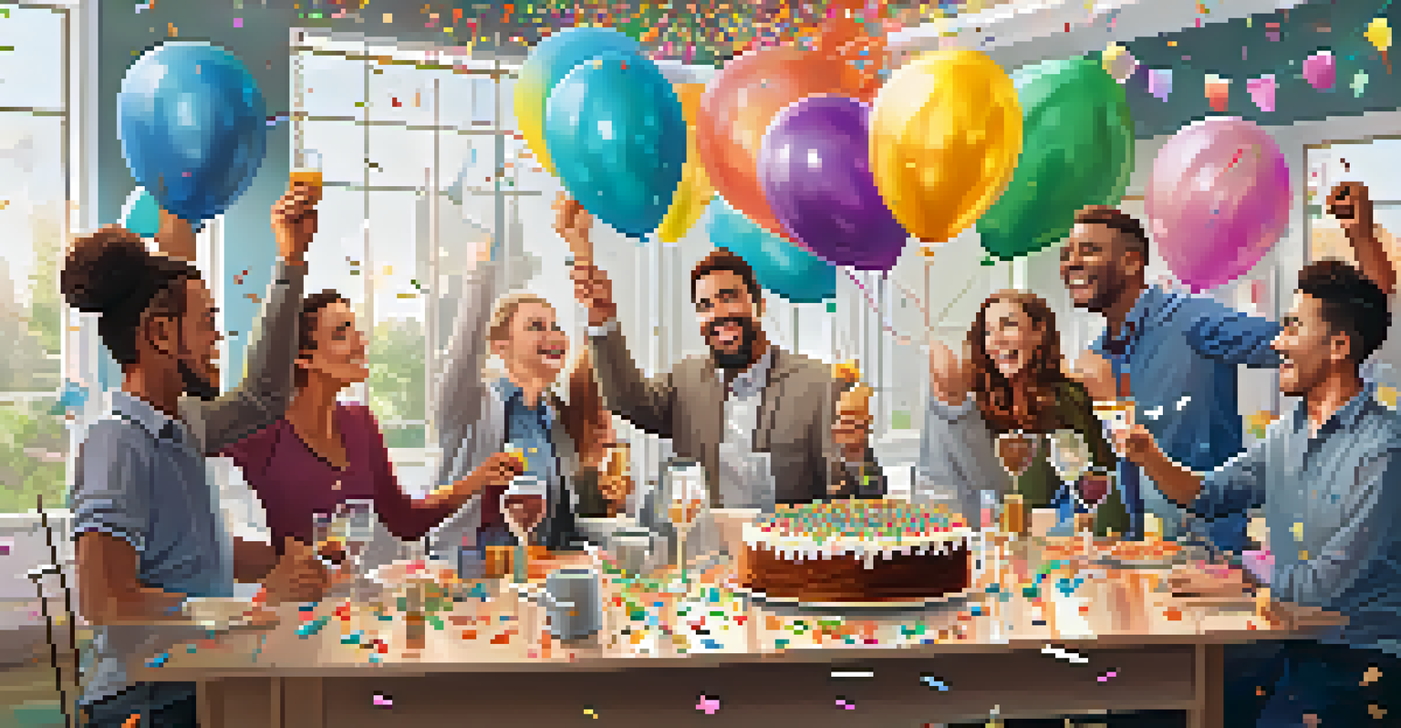 A team celebrating success in a conference room, with balloons, confetti, and a cake, showcasing a joyful atmosphere.
