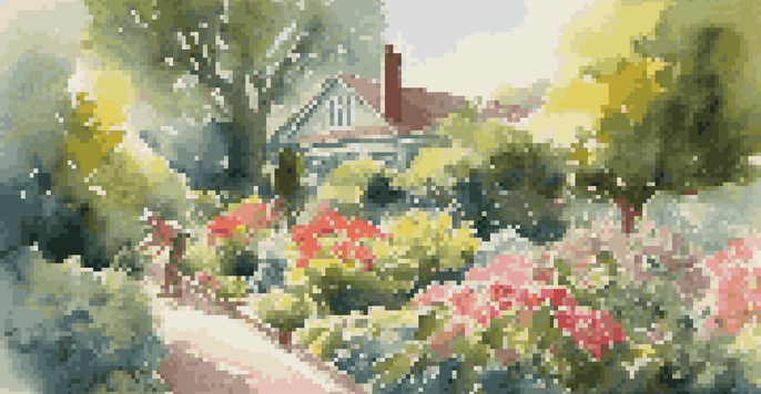 A gardener tending to a colorful flower garden under the sunlight.