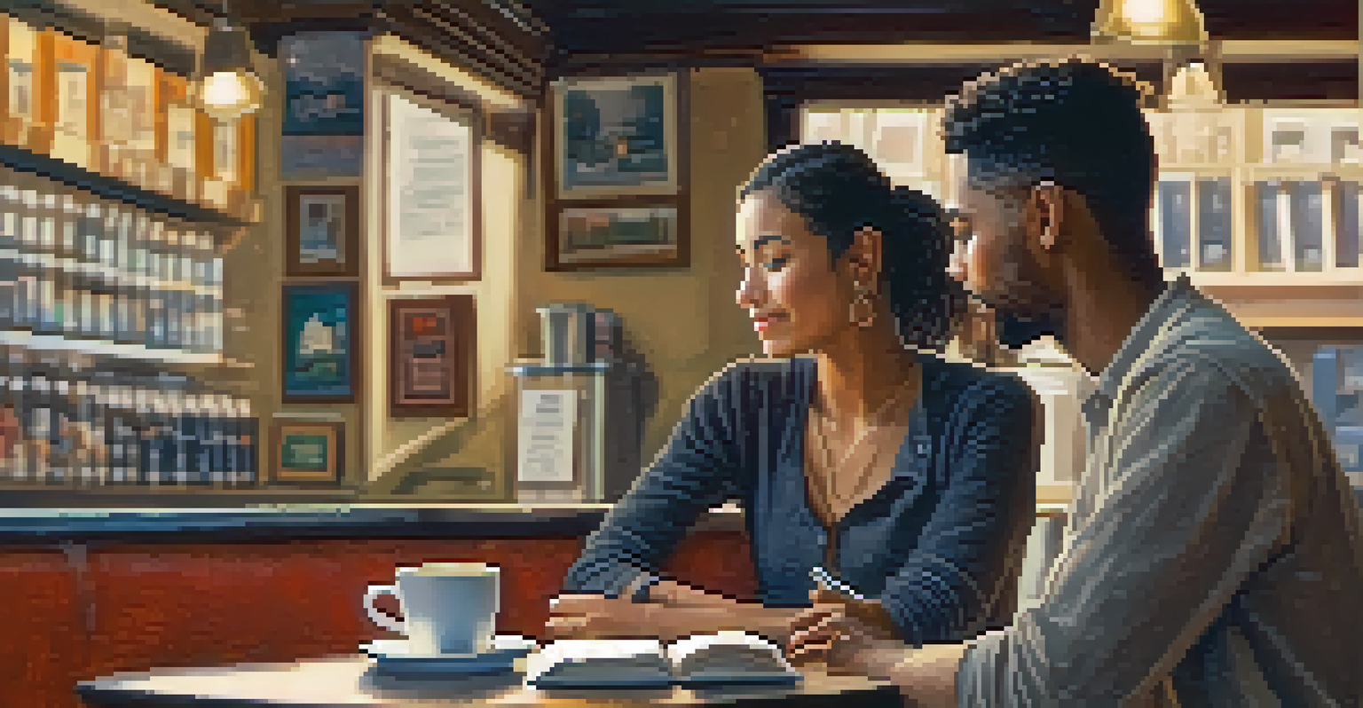 Two individuals having a deep conversation in a cozy coffee shop, showing active listening and engagement, with coffee cups on the table.