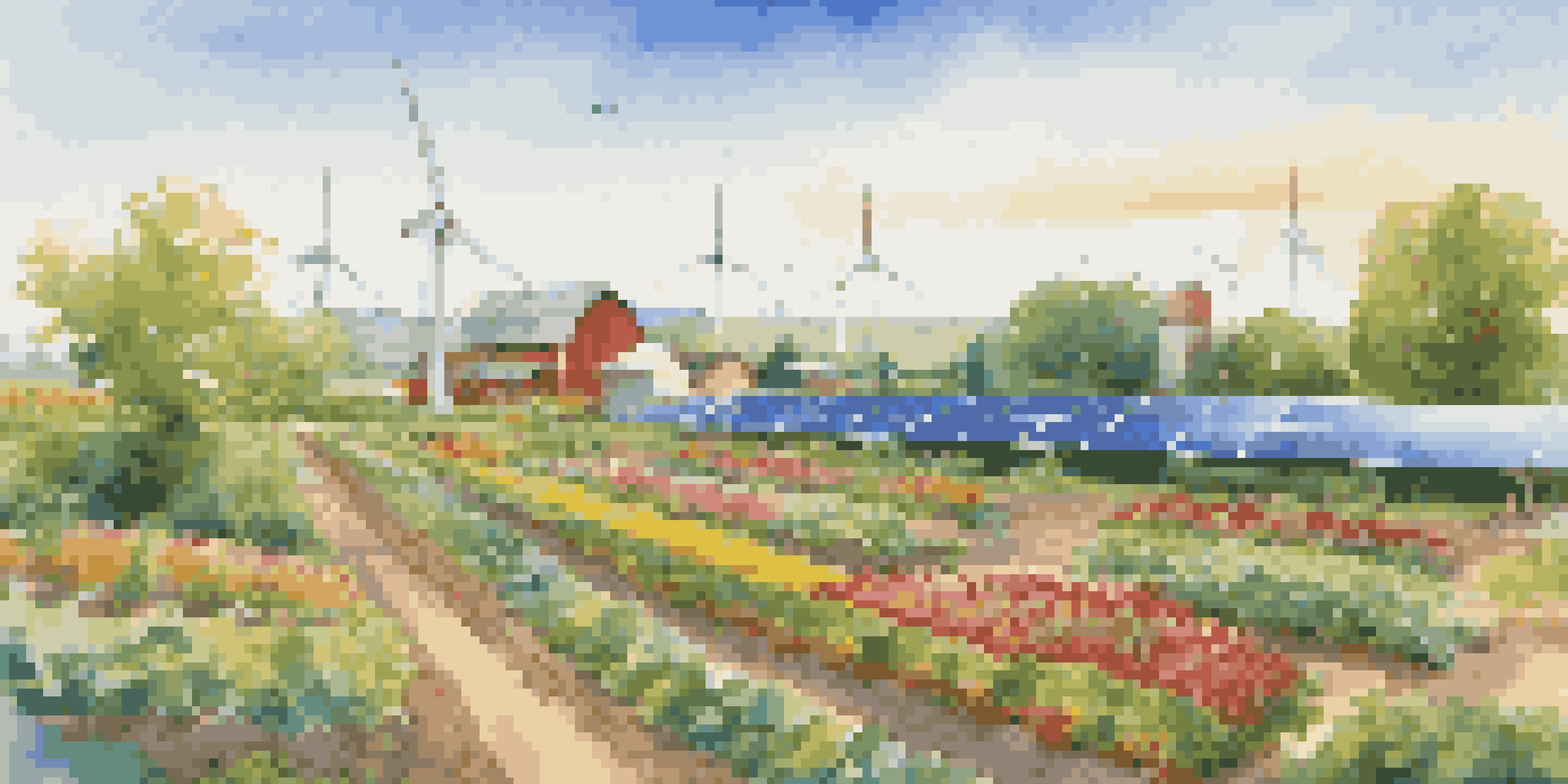 A sustainable farm with solar panels and wind turbines, featuring a colorful vegetable garden under a clear blue sky.