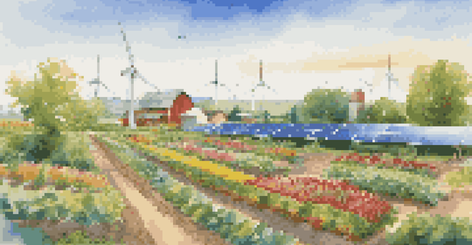 A sustainable farm with solar panels and wind turbines, featuring a colorful vegetable garden under a clear blue sky.