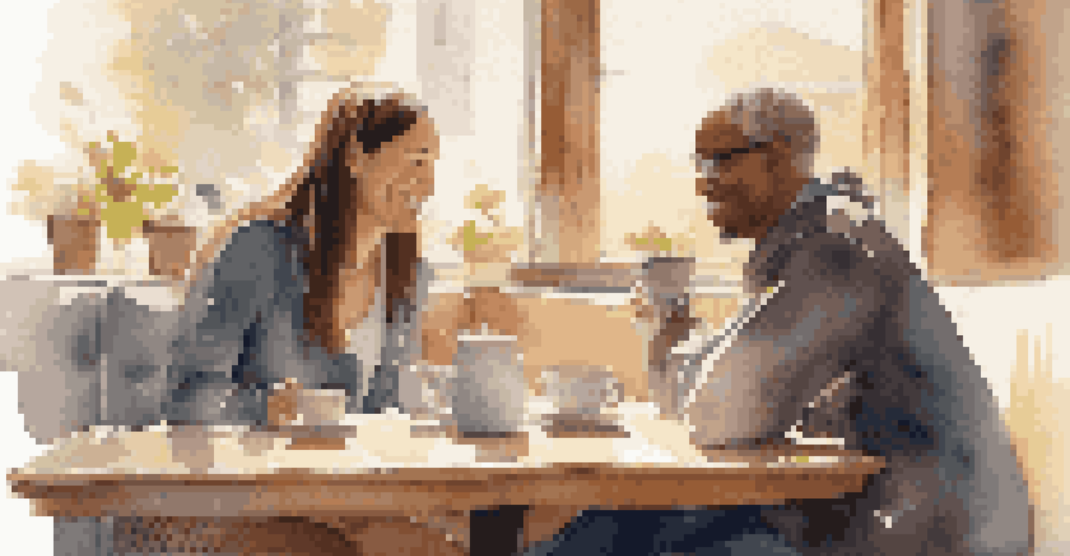 A mentor and mentee having a conversation in a cozy café with coffee cups and notebooks on the table, illuminated by soft sunlight.