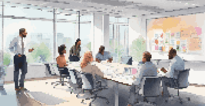 A diverse group of HR professionals having a discussion in a bright office with large windows and colorful notes on a whiteboard.