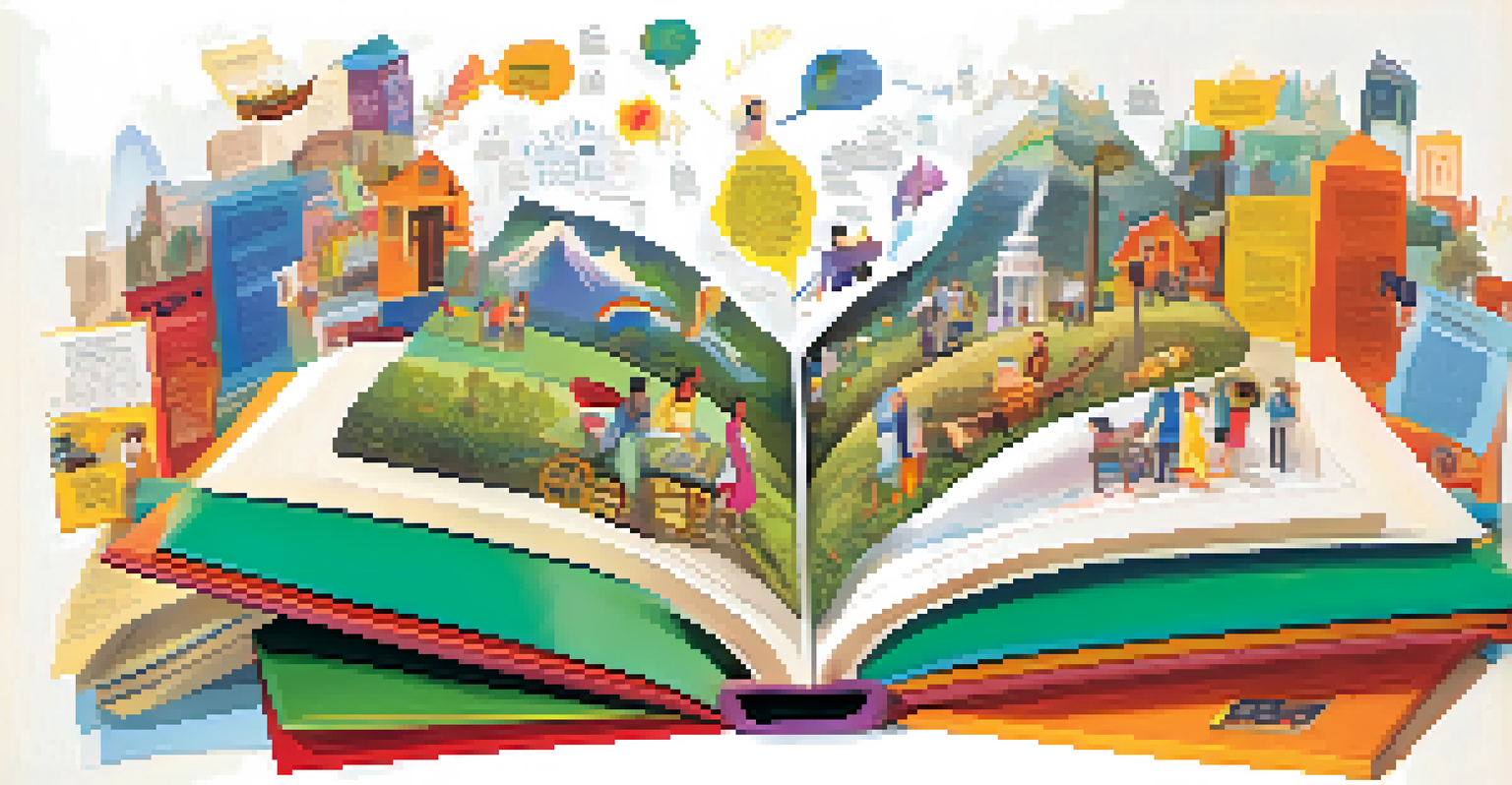 An open book with pages transforming into illustrations of community stories against a vibrant background.
