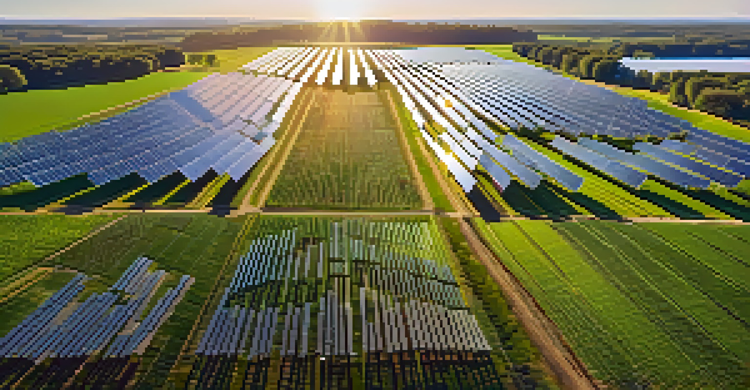 Aerial view of a solar farm and wind turbines in a green landscape, showcasing renewable energy.