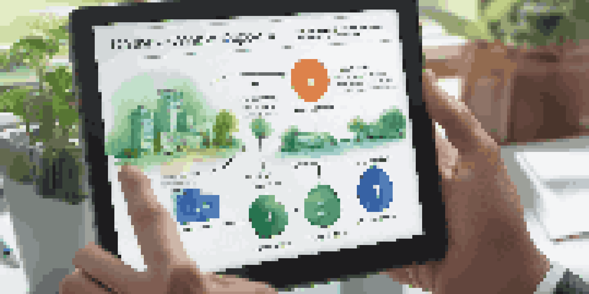 A business professional holding a tablet with a transparent supply chain diagram, featuring various stages of product movement, surrounded by an office environment.