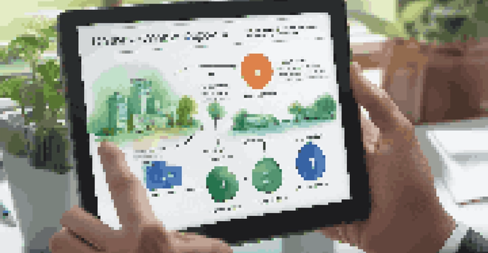 A business professional holding a tablet with a transparent supply chain diagram, featuring various stages of product movement, surrounded by an office environment.