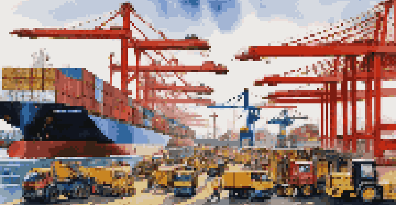 A busy shipping port with containers being loaded onto ships, illustrating the complexity of global logistics.
