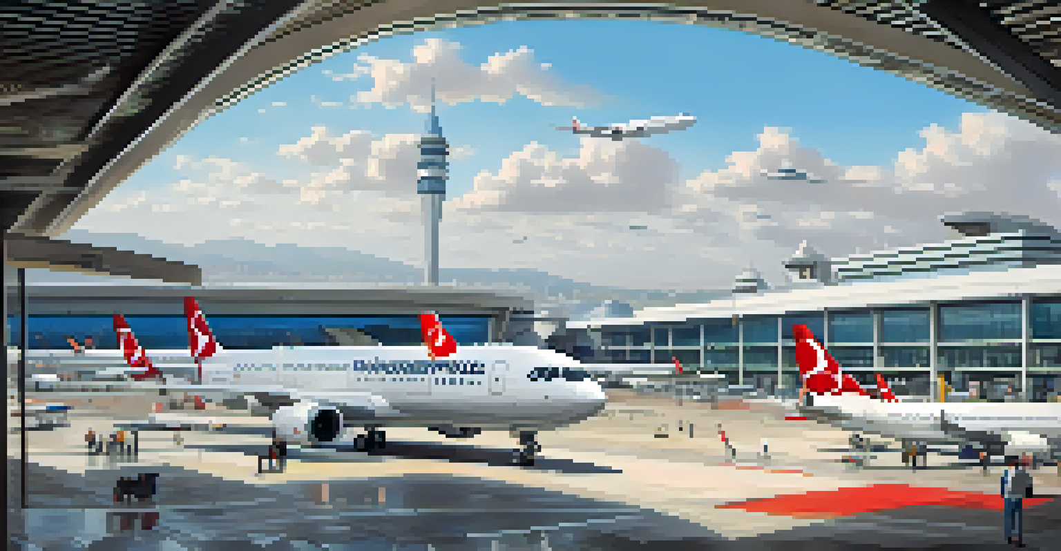 A wide view of Istanbul Airport with modern architecture, planes on the tarmac, and travelers moving through the terminal.