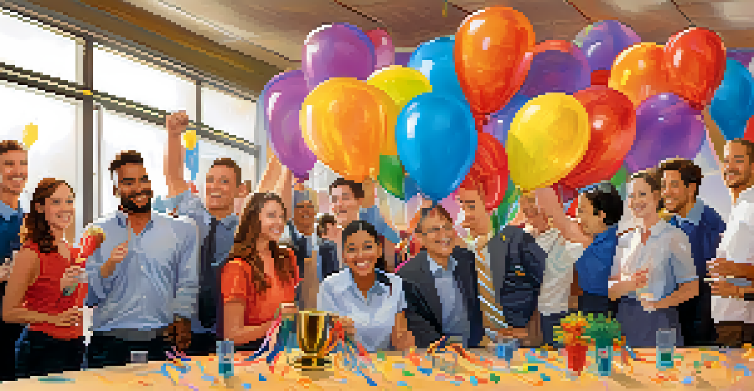 A team celebrating their achievements in a decorated conference room, holding a trophy and smiling together.