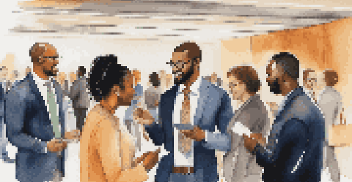 A colorful networking event with professionals from various cultures exchanging business cards and engaging in conversation in a modern conference hall.