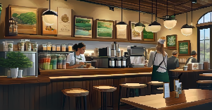 A vibrant coffee shop scene showing a barista preparing coffee and customers enjoying their drinks in a cozy atmosphere.