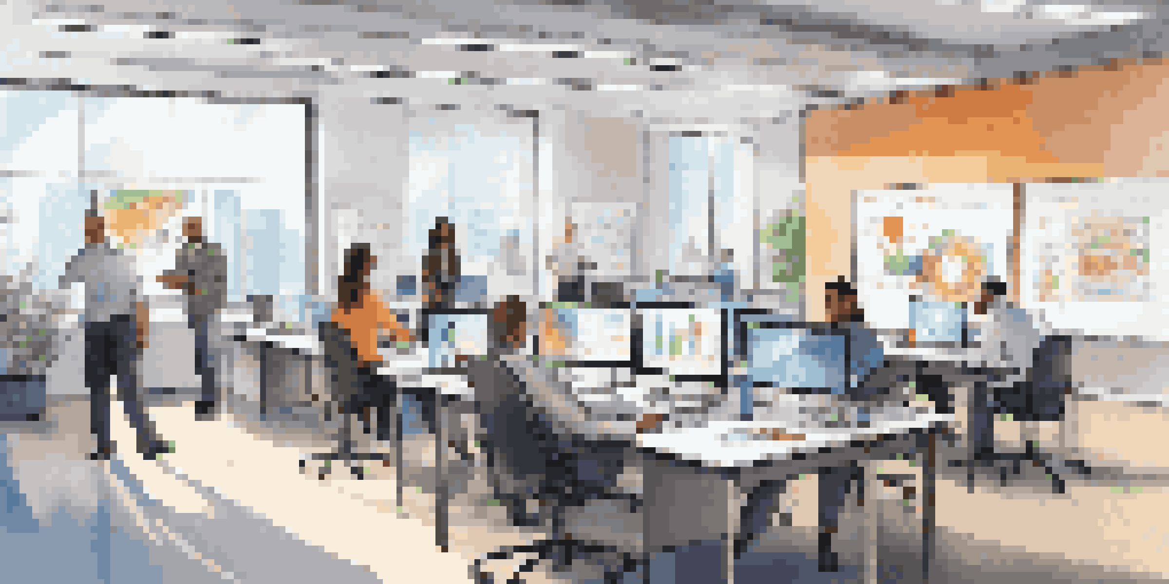 A diverse team working together in a bright office space, with laptops and documents on the table and a whiteboard filled with ideas in the background.