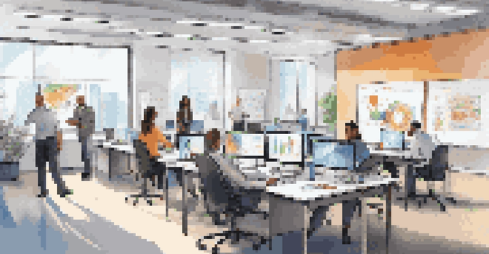 A diverse team working together in a bright office space, with laptops and documents on the table and a whiteboard filled with ideas in the background.