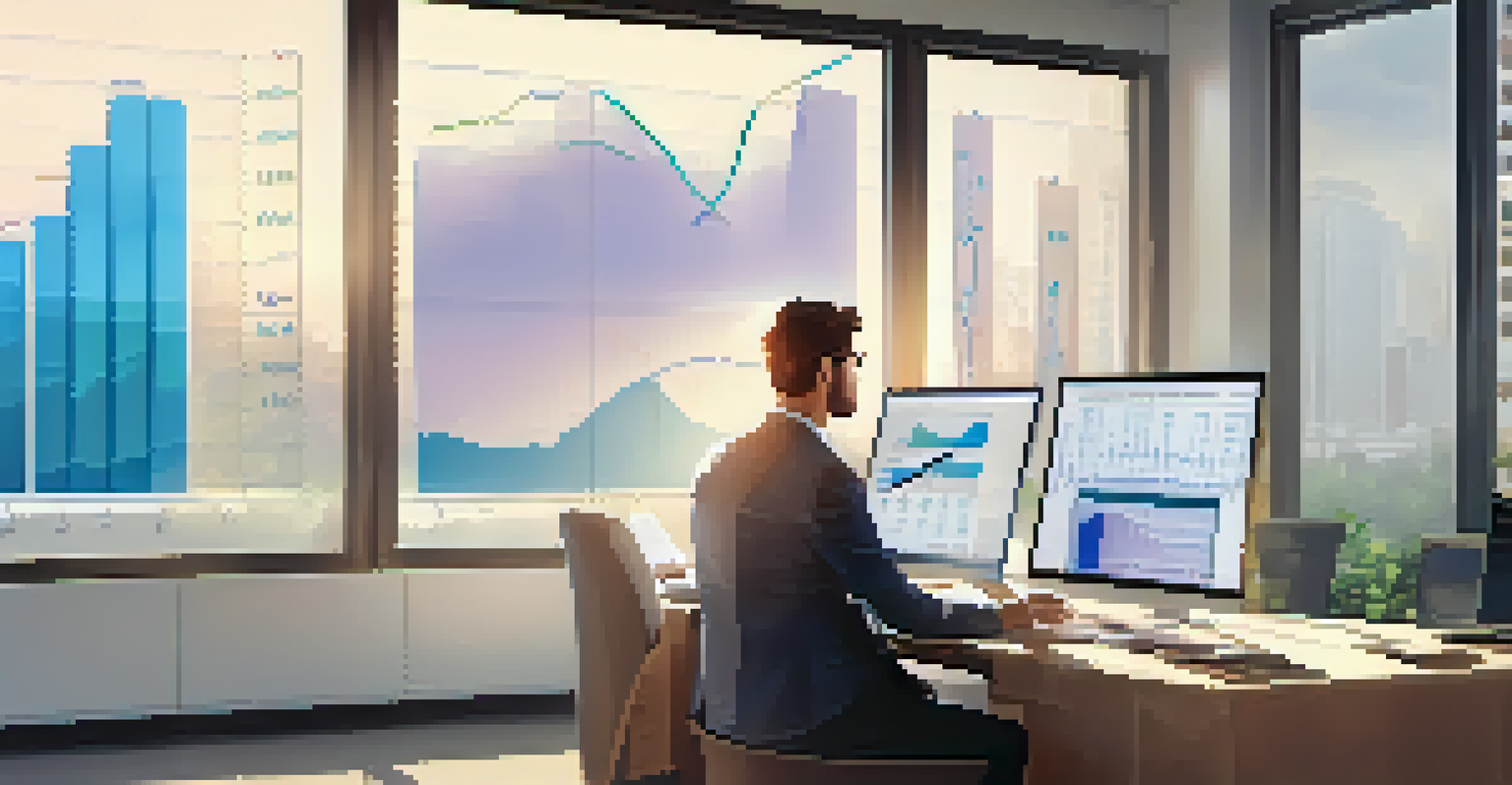 A person analyzing financial data on a laptop in a bright office setting.