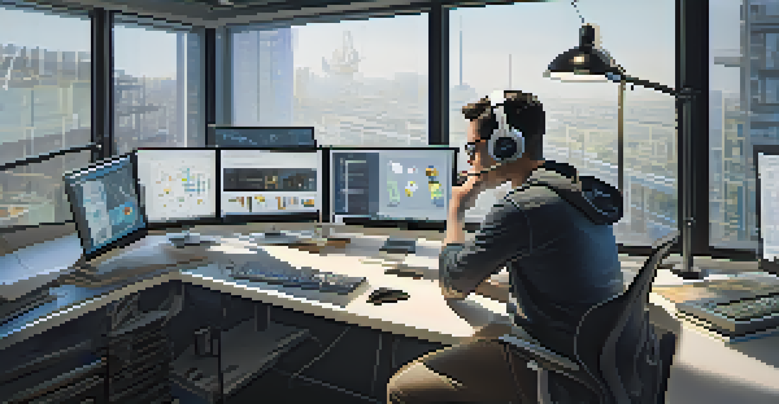 An engineer concentrating on a computer in a modern workspace with technical drawings and 3D models.