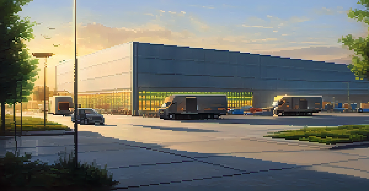 A calm logistics hub with electric vehicles and a modern warehouse surrounded by greenery during sunset.