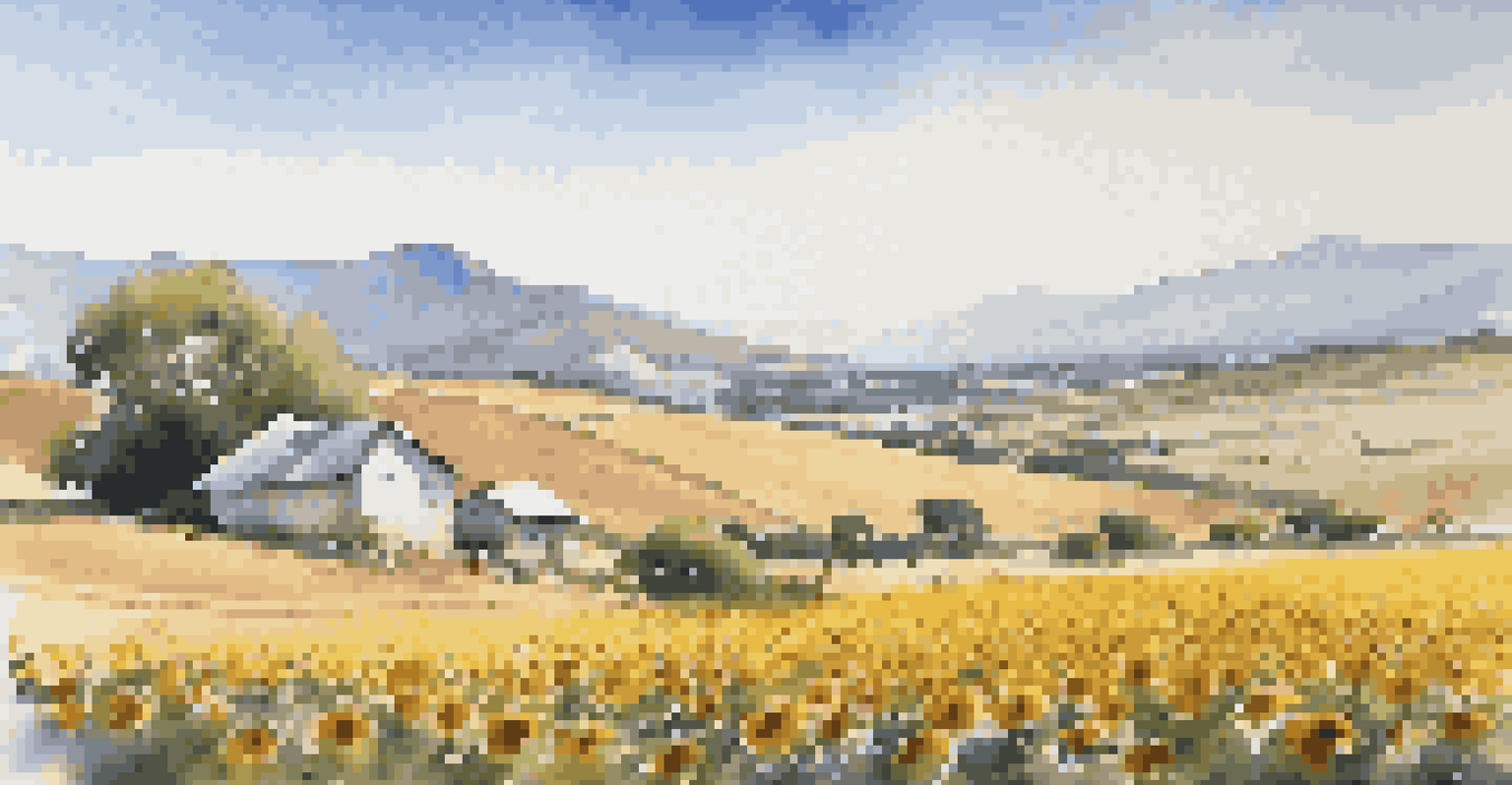 A peaceful South African countryside landscape with sunflowers and rolling hills under a blue sky.