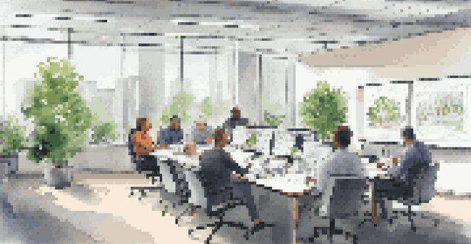 A diverse group of employees in a bright office discussing business continuity planning around a conference table with laptops and notes.