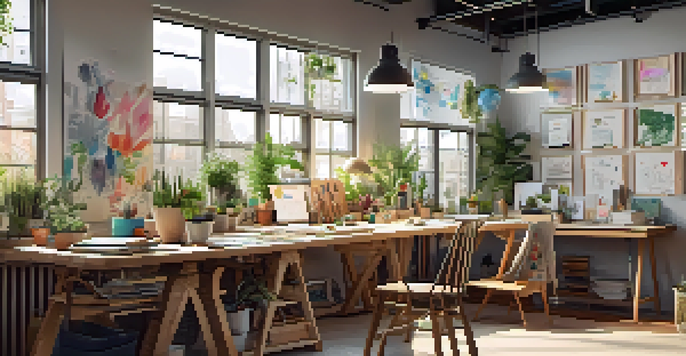 A vibrant workspace with a wooden table covered in colorful sketches and design tools, illuminated by soft natural light and surrounded by plants.