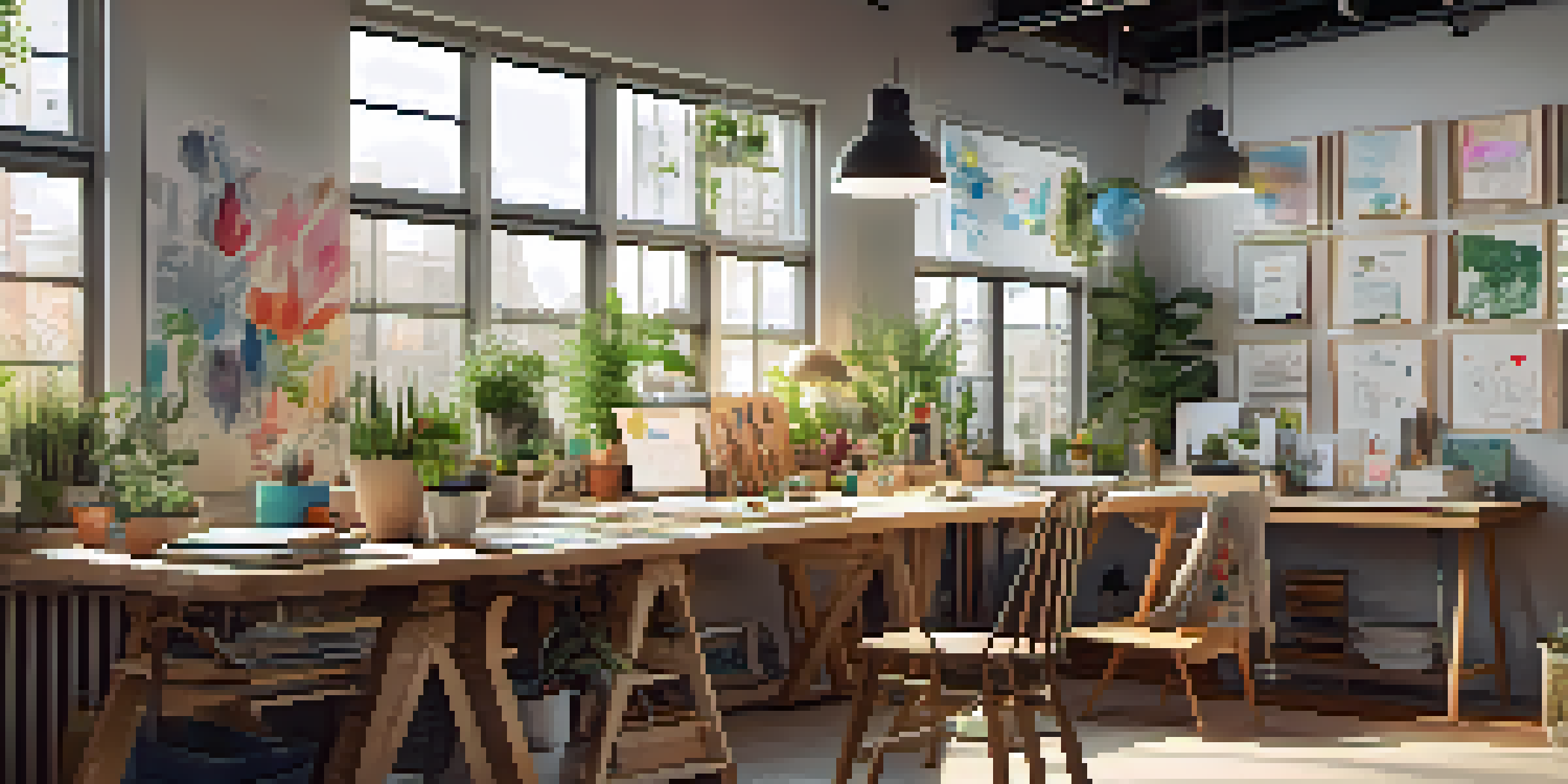 A vibrant workspace with a wooden table covered in colorful sketches and design tools, illuminated by soft natural light and surrounded by plants.
