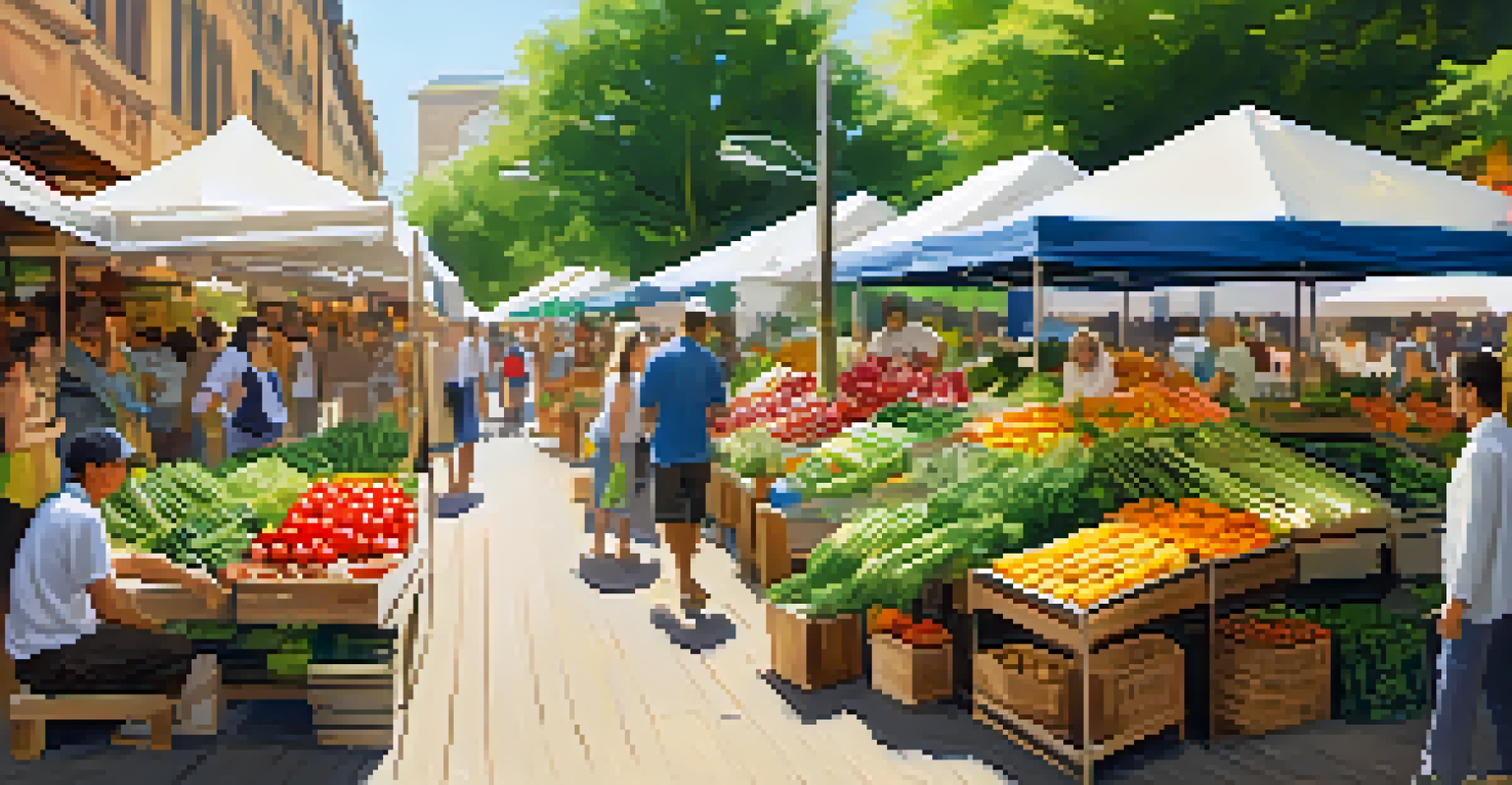 An outdoor market filled with eco-friendly products and shoppers enjoying the vibrant atmosphere.