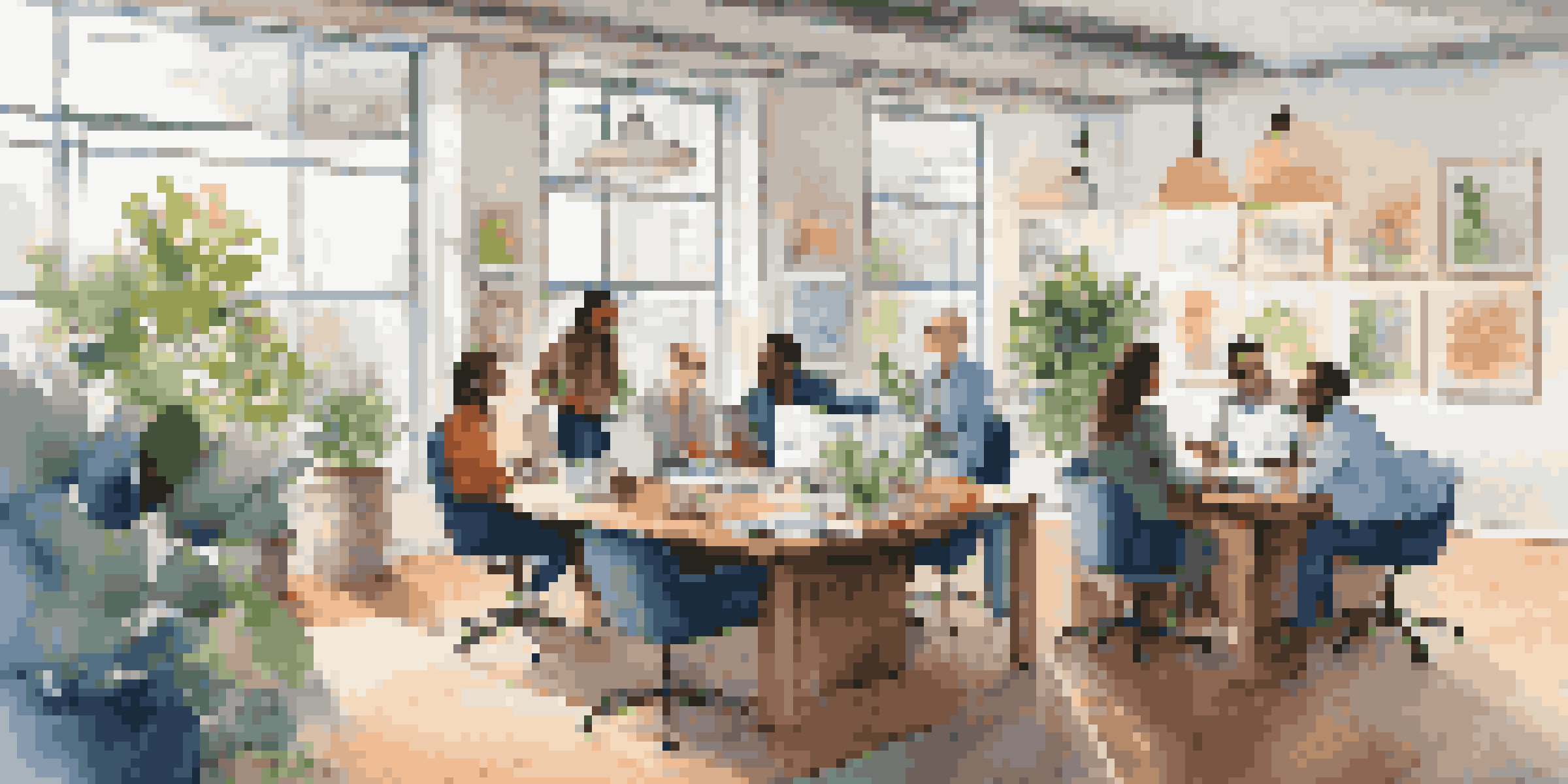 A diverse team of professionals working together in a bright office space, surrounded by charts and laptops.