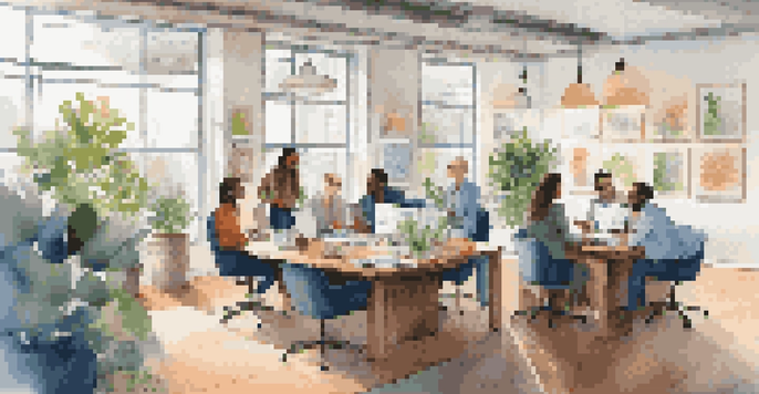 A diverse team of professionals working together in a bright office space, surrounded by charts and laptops.