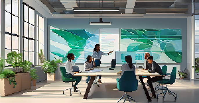 A diverse team of professionals brainstorming in a bright office filled with natural light and plants.