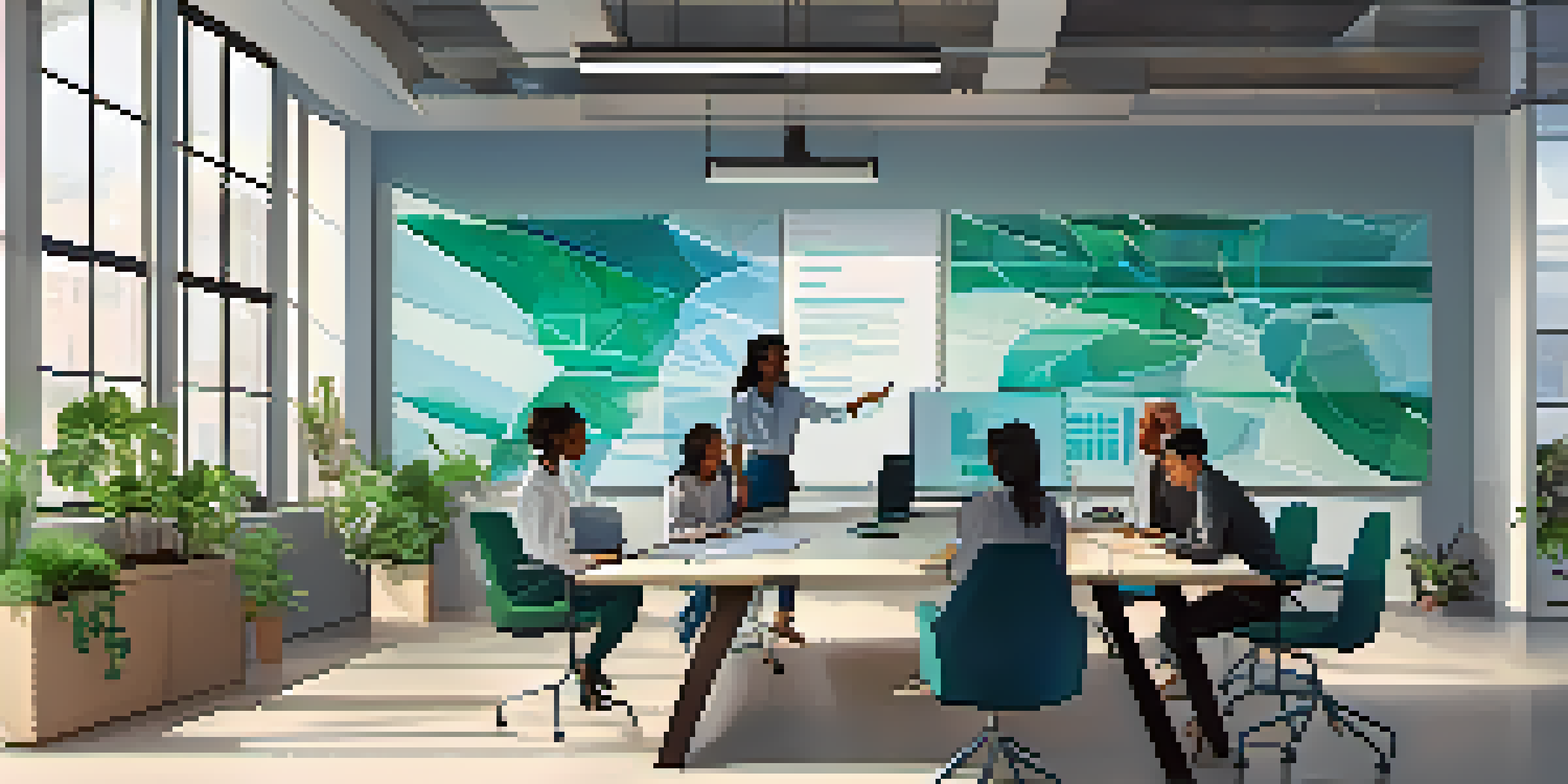 A diverse team of professionals brainstorming in a bright office filled with natural light and plants.