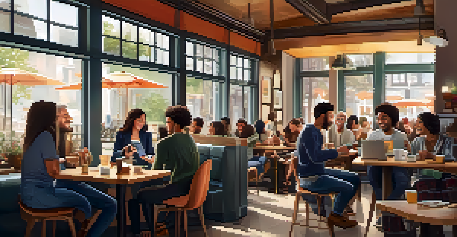 A group of diverse individuals in a café, engaged with their smartphones and interacting with a mobile commerce app.