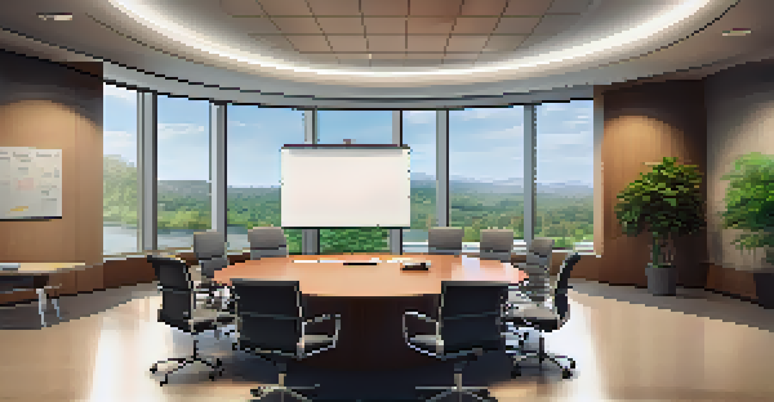 A bright conference room with a round table, whiteboard filled with notes, and a laptop displaying negotiation strategies.