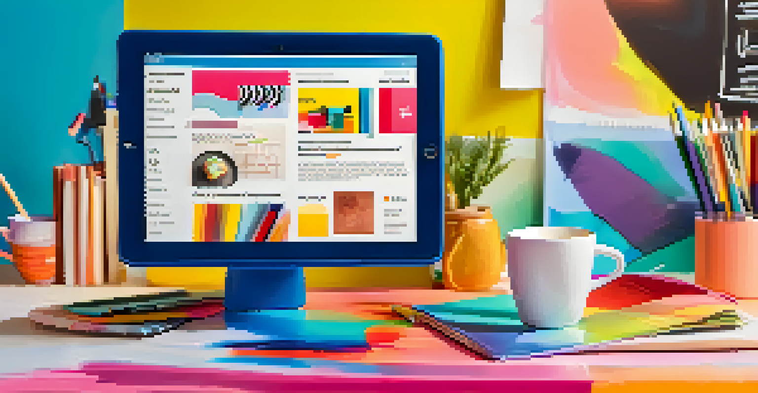 A tablet displaying a colorful social media post with testimonials in a bright workspace.