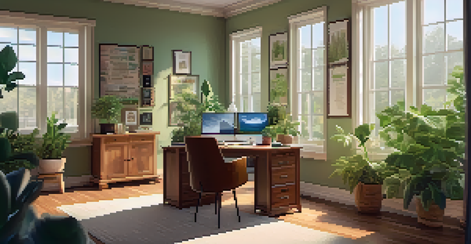 A bright and inviting office space featuring large windows, plants, a wooden desk with a laptop, and motivational posters on the walls.