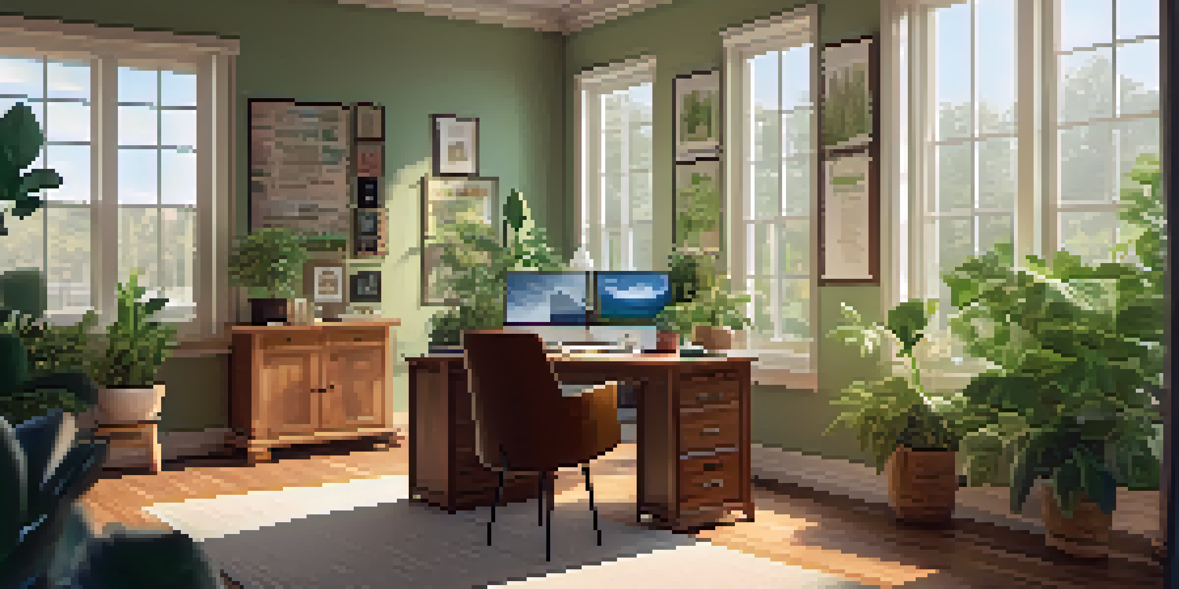 A bright and inviting office space featuring large windows, plants, a wooden desk with a laptop, and motivational posters on the walls.