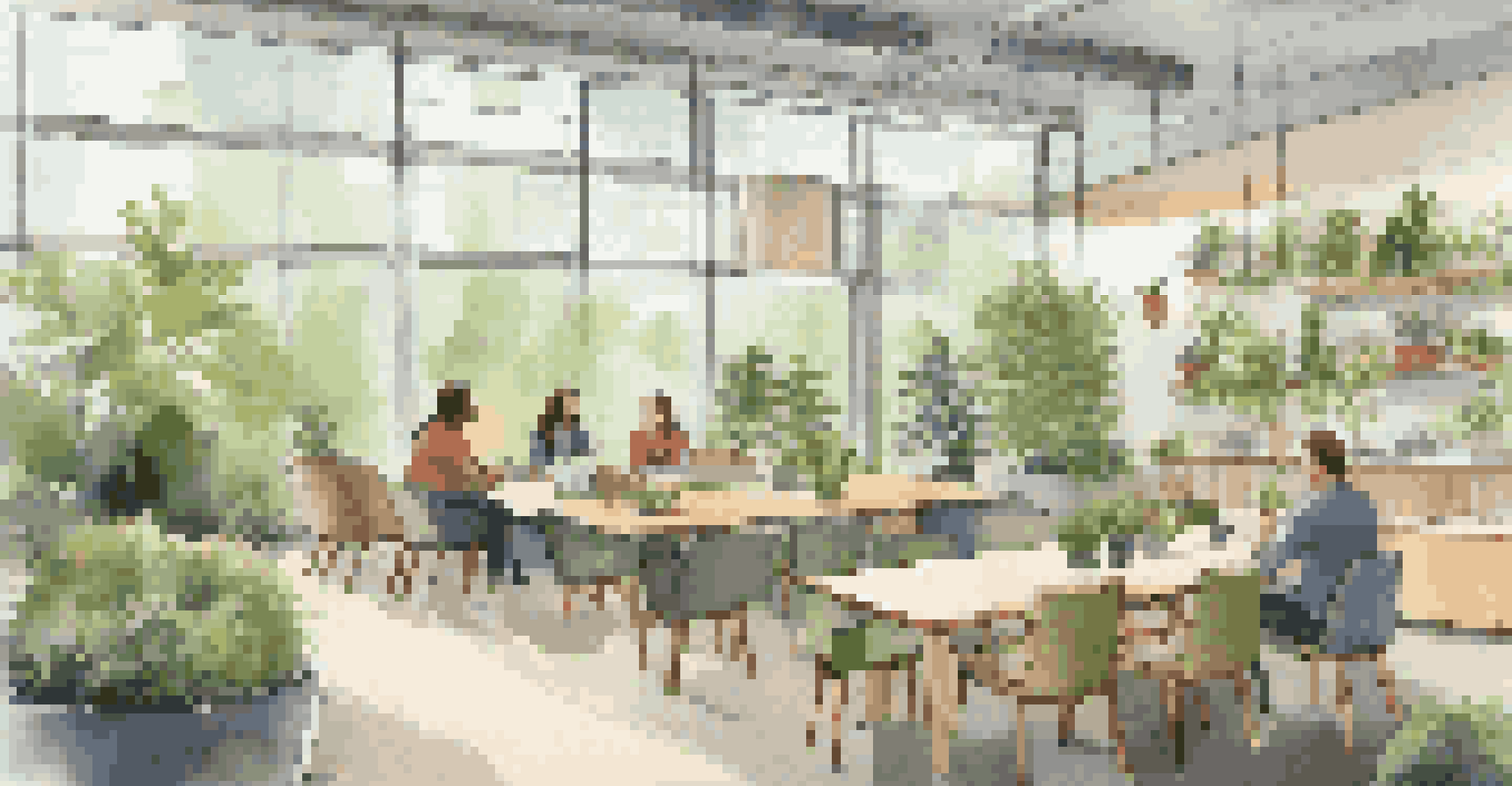 A vibrant break room with a communal garden, where employees relax among various plants and sustainable seating, filled with natural light.